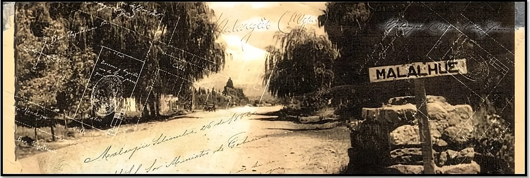 Entrada histórica de Malargüe, fotografia antiga com a placa Mal-Al-Hue